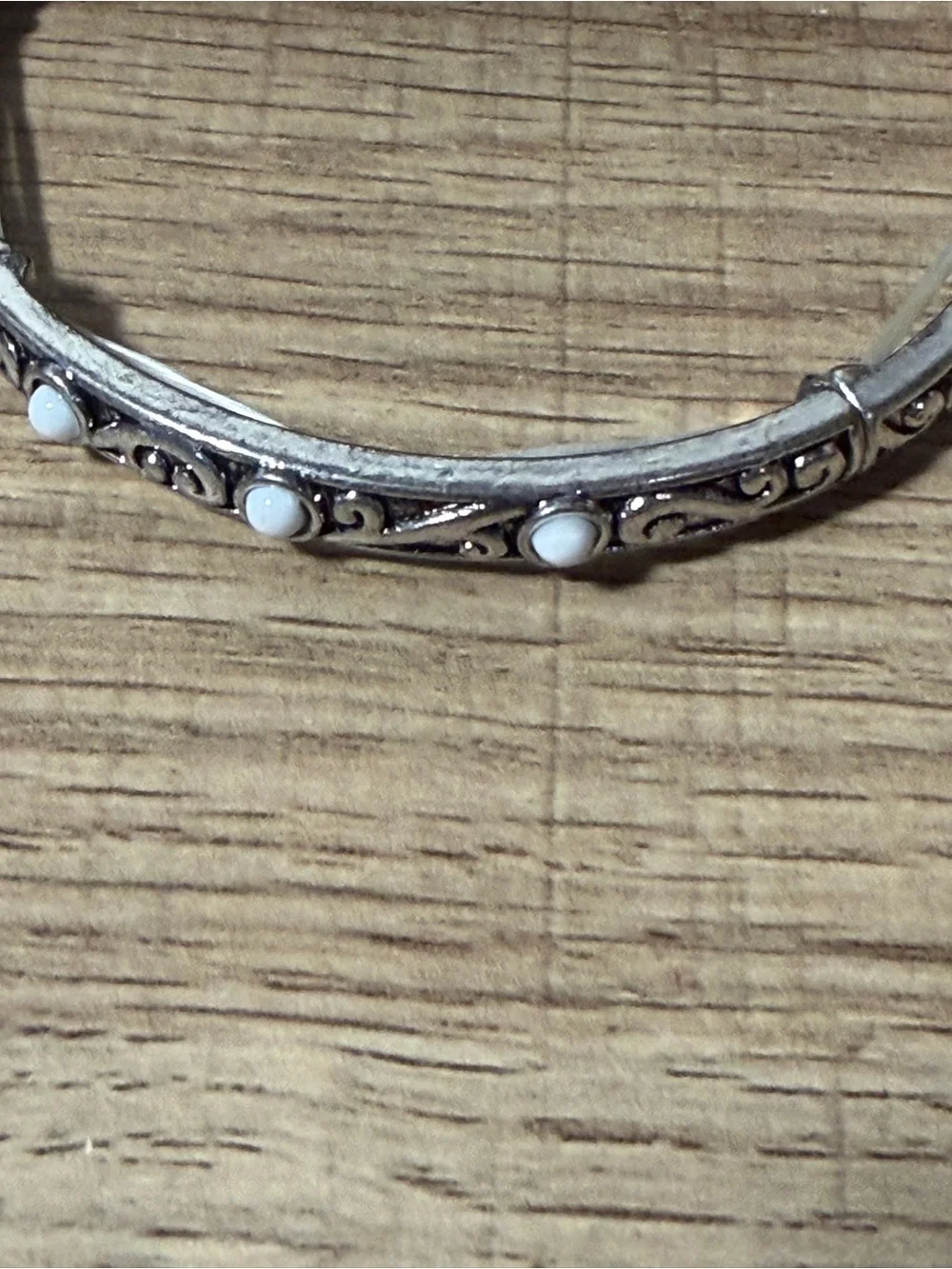paparazzi Silver-Tone Scroll Bangle with White Accents